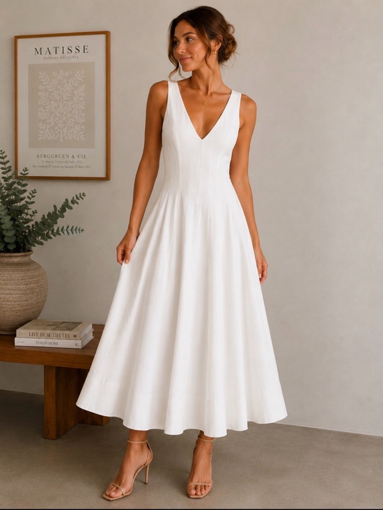 STAUD Dresses & Skirts - STAUD White V-Neck Midi Dress